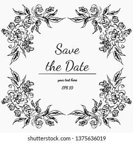 Wreath of Flowers on Gray Background. Floral Frame Design Elements For Invitations, Greeting Cards, Posters, Blogs. Hand drawn vector illustration. Save the date