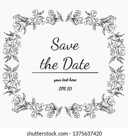Wreath of Flowers on Gray Background. Floral Frame Design Elements For Invitations, Greeting Cards, Posters, Blogs. Hand drawn vector illustration. Save the date