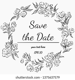 Wreath of Flowers on Gray Background. Floral Frame Design Elements For Invitations, Greeting Cards, Posters, Blogs. Hand drawn vector illustration. Save the date