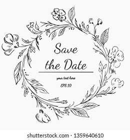 Wreath of flowers on a white background. Hand drawn vector illustration. Save the date