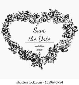 Wreath of flowers on a white background. Hand drawn vector illustration. Save the date