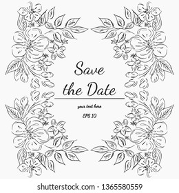 Wreath of flowers on a white background. Hand drawn vector illustration. Save the date