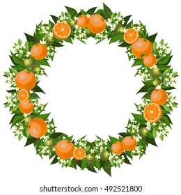 A wreath of flowers, oranges and leaves.