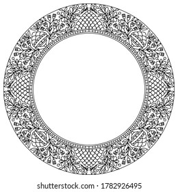 wreath with flowers and ornaments in folk style drawn on a white background for coloring, vector