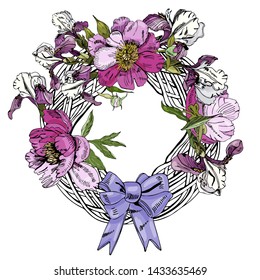 Wreath  with  flowers of peony, iris and bow. Hand drawn ink sketch. Color objects isolated on white  background.
