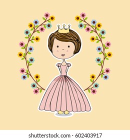 wreath of flowers and pink princess icon over yellow background. colorful design. vector illustration