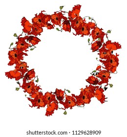 wreath Flowers red poppies. Vector. Set of poppies. Summer flowers. closed, blooming poppies. Seeds of poppies, ripened harvest.