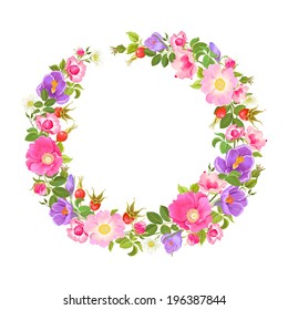 Wreath with flowers and rose hips, crocuses and chamomiles.