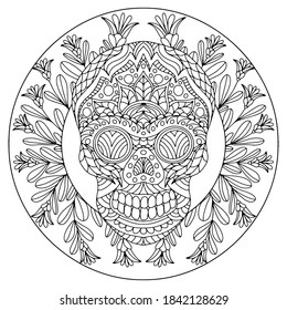 wreath with flowers and skull with folk style ornaments for coloring, vector, coloring book pages