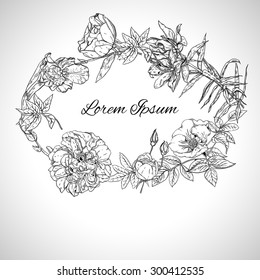 Wreath of flowers with space for text, Line Art, monochrome