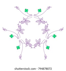 Wreath with flowers and trefoil. Clover leafs. Vintage golden design elements for wedding, holiday and greeting cards. Vector illustration. Hand drawn flowers