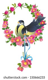 wreath of flowers with two birds