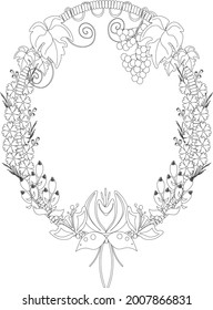 Wreath Of Flowers Vector Black Outline. Flower Conrour Line. Wreath Outline Printable. Wreath Outline Coloring Page And Image. Floral Wreath Outline And Template