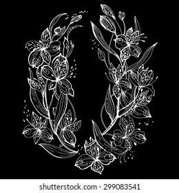 Wreath of flowers, vector, graphic line, sketch. Alstroemeria flowers on black background