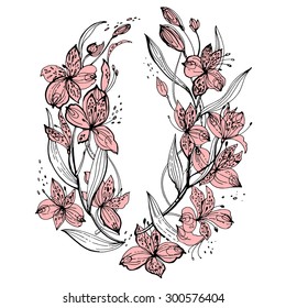 Wreath of flowers, vector, graphic line, sketch. Alstroemeria flowers