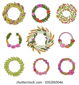 Wreath with flowers. Vector set. Cute Floral collection, hand drawn watercolor. Wedding or greeting cards. Romantic design. Engraved vintage style.
