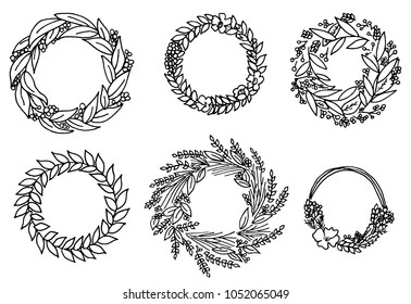Wreath with flowers. Vector set. Cute Floral collection, hand drawn watercolor. Wedding or greeting cards. Romantic design. Engraved vintage style.