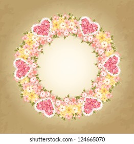 Wreath of flowers. Vintage Valentine's day greeting card