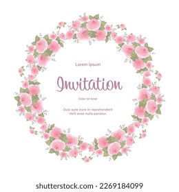 Wreath of flowers in watercolor style with white background. Elegant floral collection with isolated pink,green leaves and flowers, hand drawn watercolor. Design for invitation