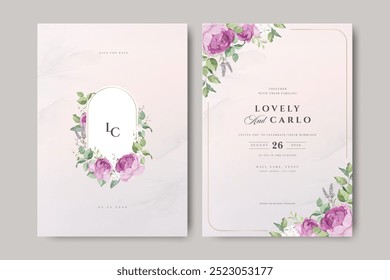 wreath flowers watercolor wedding invitation card with golden line	