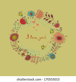 Wreath of flowers.I love you.Valentines card.Vector