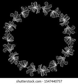 Wreath of flowers.Layered vector file.For postcards, invitations, brochures, business cards, restaurant menu blue background.White outline pattern of flowers on a black background.