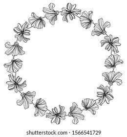 Wreath of flowers.Layered vector file.For postcards, invitations, brochures, business cards, restaurant menu blue background.Black outline pattern of flowers on white background.