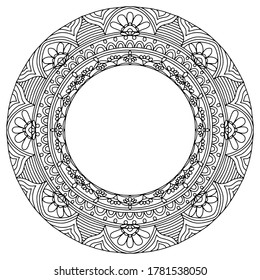 wreath with folk-style florals and abstract ornaments drawn for coloring on a white background, vector