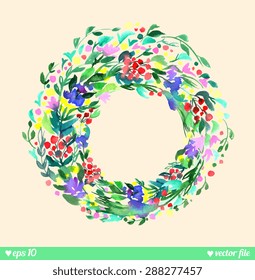 Wreath of forest flowers. Vector. Hand drawn artwork. Love concept for wedding invitations, cards, tickets, congratulations, branding, label. Blue cyan green pink purple violet indigo yellow red beige