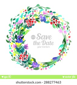 Wreath of forest flowers. Vector. Hand drawn artwork. Love concept for wedding invitations, cards, tickets, congratulations, branding, label. Blue cyan green pink purple violet indigo yellow red white