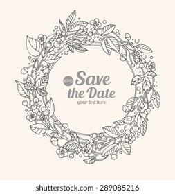 Wreath of forest flowers. Vector. Hand drawn artwork. Love concept for wedding invitations, cards, tickets, congratulations, branding, boutique logo, label. Monochrome dark grey, beige
