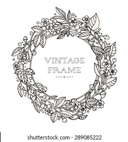 Wreath of forest flowers. Vector. Hand drawn artwork. Love concept for wedding invitations, cards, tickets, congratulations, branding, boutique logo, label. Black and white, beige