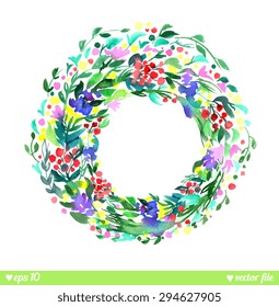 Wreath of forest flowers. Vector. Hand drawn artwork. Love concept for wedding invitations, cards, tickets, congratulations, branding, label. Blue cyan green pink purple violet indigo yellow red 