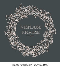 Wreath of forest flowers. Vector. Hand drawn artwork. Love concept for wedding invitations, cards, tickets, congratulations, branding, boutique logo, label. Monochrome dark grey, beige pink