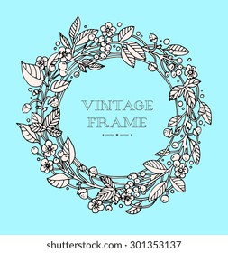 Wreath of forest flowers. Vector. Hand drawn artwork. Love concept for wedding invitations, cards, tickets, congratulations, branding, boutique logo, label. Black, grey, beige, blue turquoise