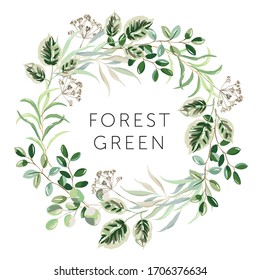 Wreath of forest green leaves, white background. Wedding invitation round frame. Summer greenery. Vector illustration. Floral arrangement. Design template greeting card with text. Botanical plants