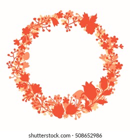 Wreath with forest vector Easter  elements, botanical and flowers. Hand-drawn style, flat, isolated