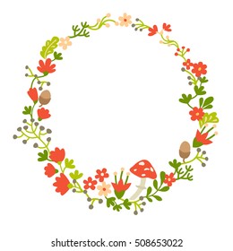 Wreath with forest vector Easter elements, botanical and flowers. Hand-drawn style, flat, isolated