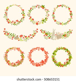 Wreath with forest vector Easter elements, botanical, flowers and rabbit. Cute animals on magic forest vector template. Round wreath silhouette. Hand-drawn style, flat, isolated