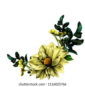 wreath in the form of a bouquet of flower Dahlia twigs with leaves and flowers buttercups, sketch vector graphics color illustration