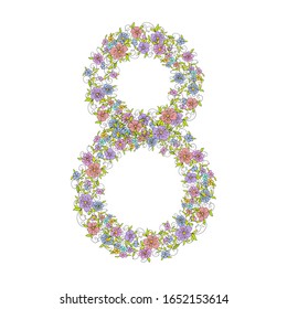 Wreath in the form of the number eight of small decorative flowers in folk style. Botanical hand drawn illustration for design greeting cards for Mother's day
