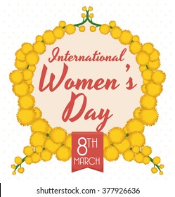 Wreath formed by yellow mimosa flowers commemorating International Women's Day.