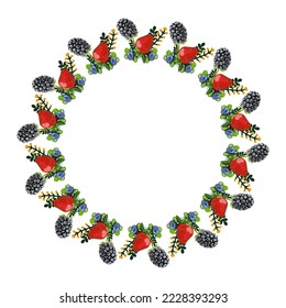 Wreath frame of blackberries, strawberries and blueberries.