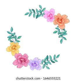 Wreath, frame, border with flowers and leaves. Greeting card, poster, banner with space for text. Hand drawn vector illustration. Isolated on white background.