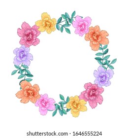 Correa, marco, borde con flores y hojas. Tarjeta de saludo, afiche, banner con espacio para texto. Ilustración vectorial dibujada a mano. Aislado sobre fondo blanco.