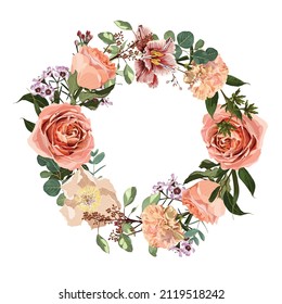 Marco de flor, borde - composición de flores de acuarela pintada a mano con rosas cremosas, tulipanes, peonía y hierbas. 