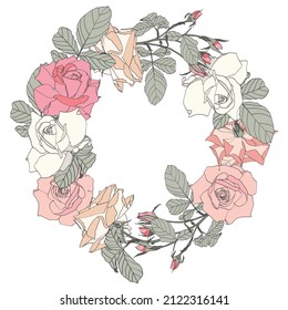 Wreath frame, border - hand painted line style roses flowers composition with leaves. 