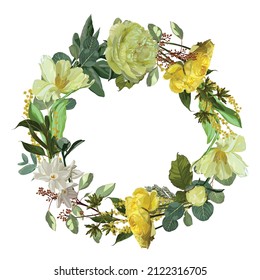 Wreath frame, border - hand painted watercolor style yellow spring flowers composition with roses, narcissus, tulip,  berries and herbs. 