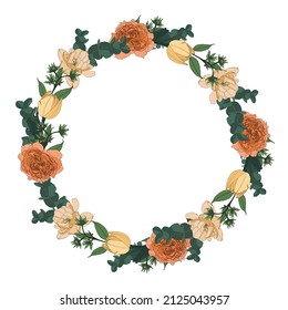 Wreath frame, border - hand painted line style spring flowers composition with roses, tulips, berries and herbs. 