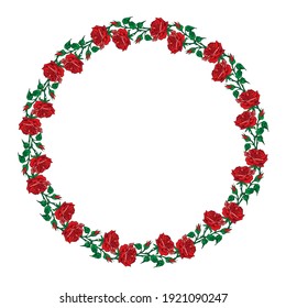Wreath frame bouquet flowers with red roses and leaves, isolated on white backgrouind Floral greeting card and invitation of the wedding, birthday, Valentine's Day, other holidays vector